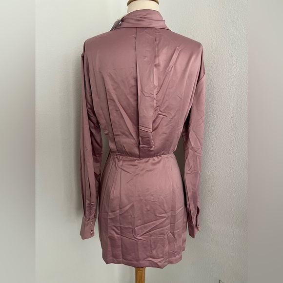 Pink Satin Long Sleeve Collared Button Front Shirt Dress- Size Small - Picture 9 of 10